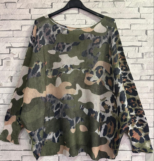 LIVIA One Size Olive Camo Leopard Printed Sweater
