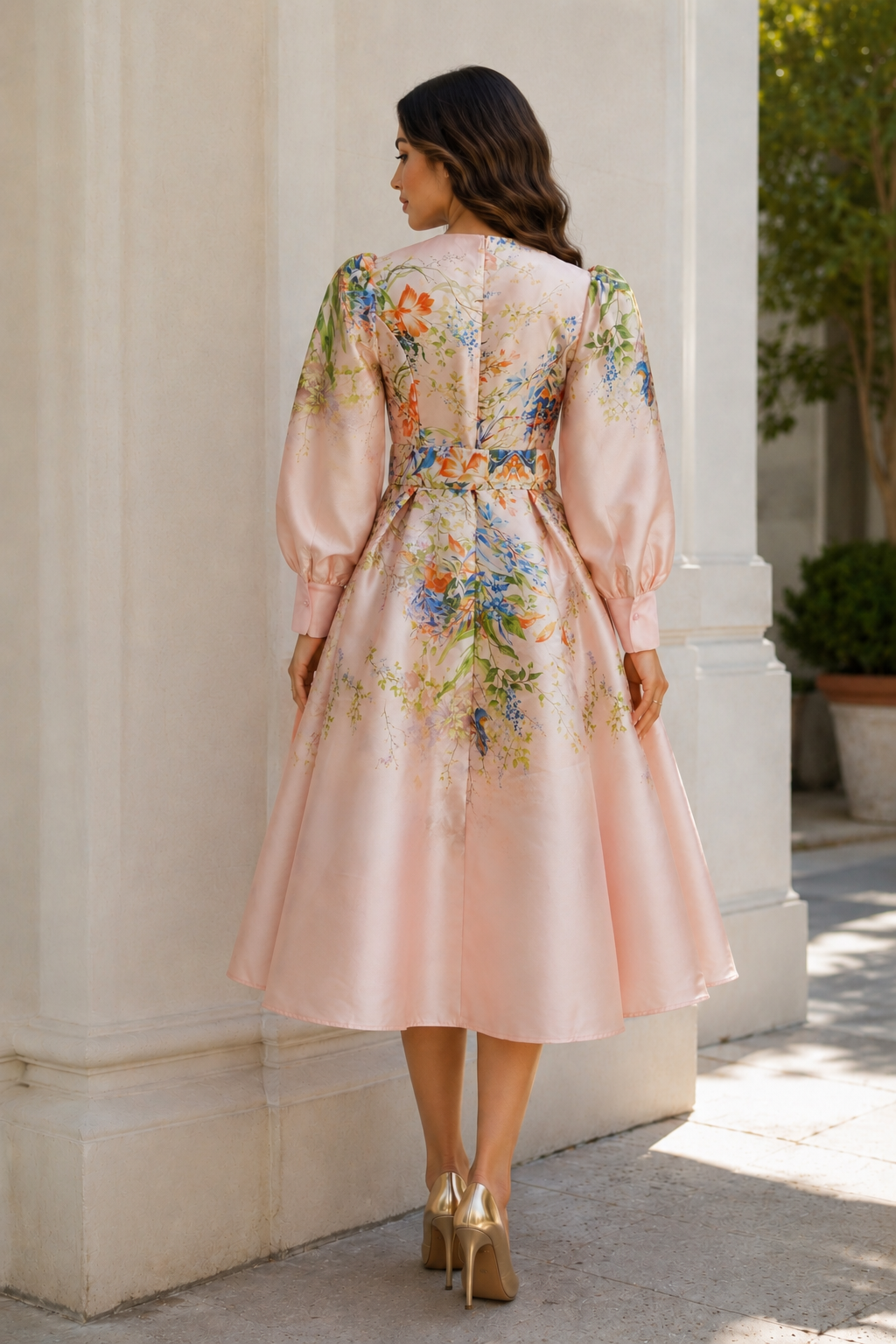 TS60010 FLORAL BUSH PUFF SLEEVE MIKADO MIDI DRESS