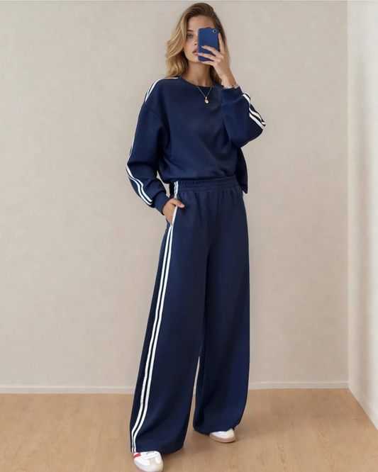 Blue Varsity Athleisure Set | Sweater | Wide Leg Pants