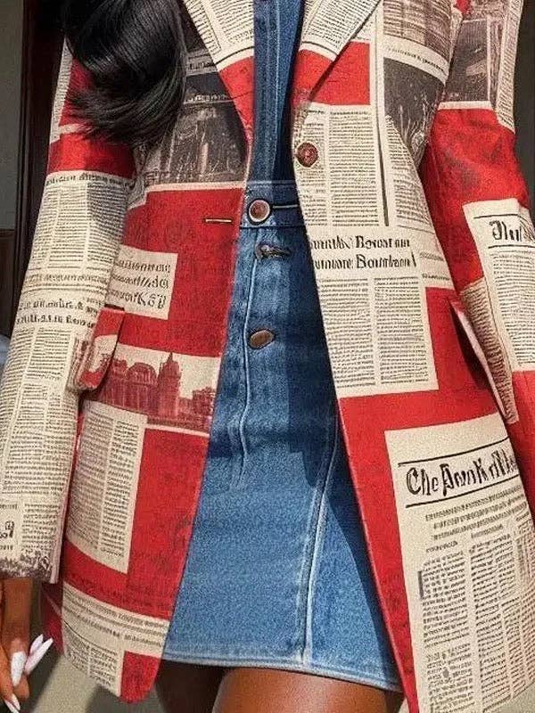 Long Sleeves Loose Buttoned Newspaper Print Pockets Split-Joint Notched Collar Blazer Outerwear