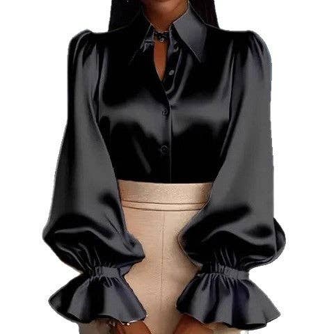 Women's Satin Long-Sleeve Puff-Sleeve Tailored Blouse