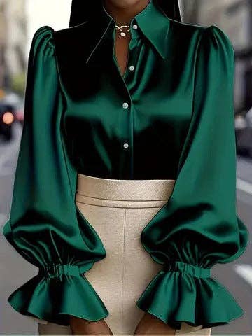 Women's Satin Long-Sleeve Puff-Sleeve Tailored Blouse