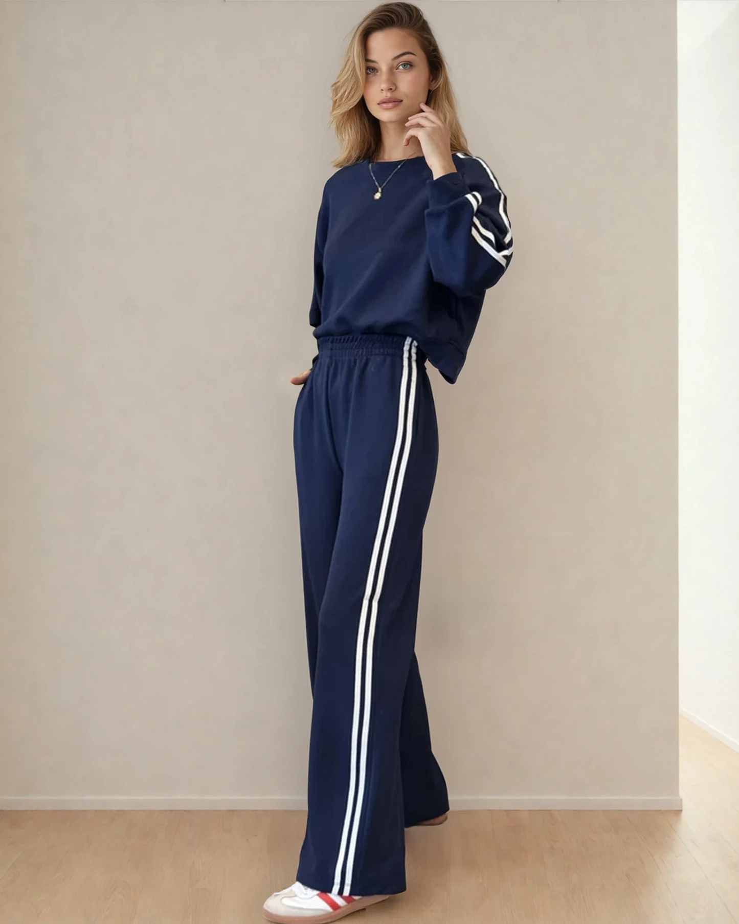 Blue Varsity Athleisure Set | Sweater | Wide Leg Pants