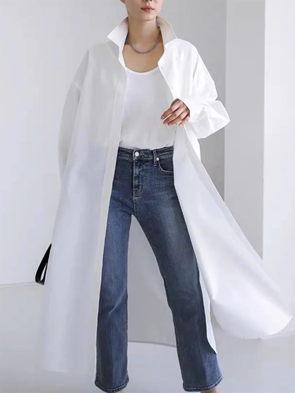 Long Sleeves Loose Buttoned Solid Color Split-side Lapel Col
