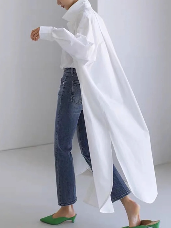 Long Sleeves Loose Buttoned Solid Color Split-side Lapel Col