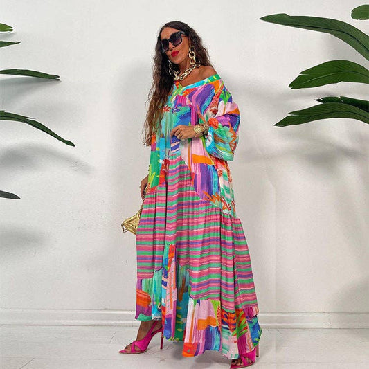 Bulk Trade Oversized V-Neck Printed Long-Sleeved Dress