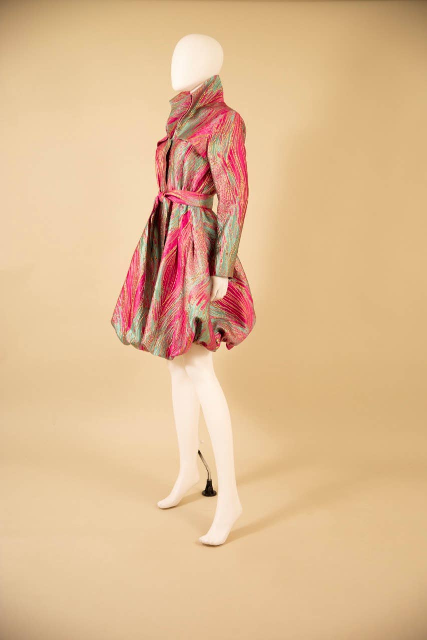 Yarn-Dyed Floral Brocade Bubble-Hem Dress-Coat - F22028