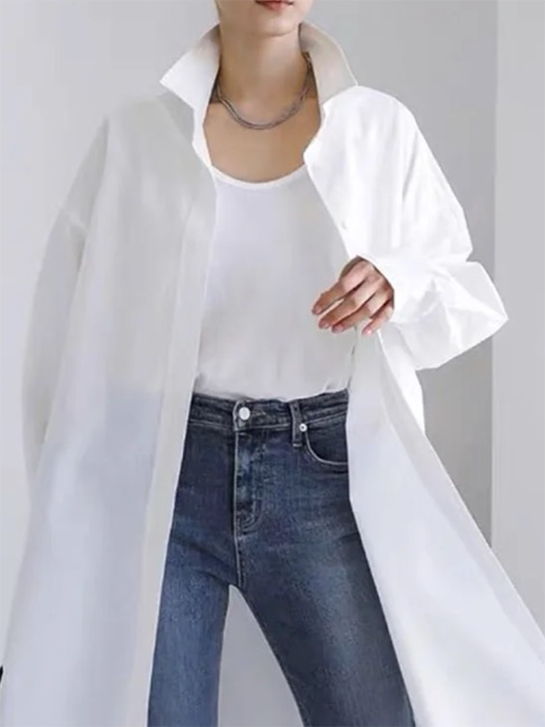 Long Sleeves Loose Buttoned Solid Color Split-side Lapel Col