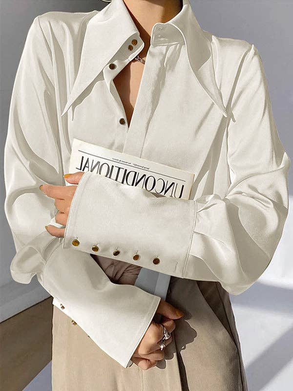 Loose Buttoned Lapel Blouse for Women