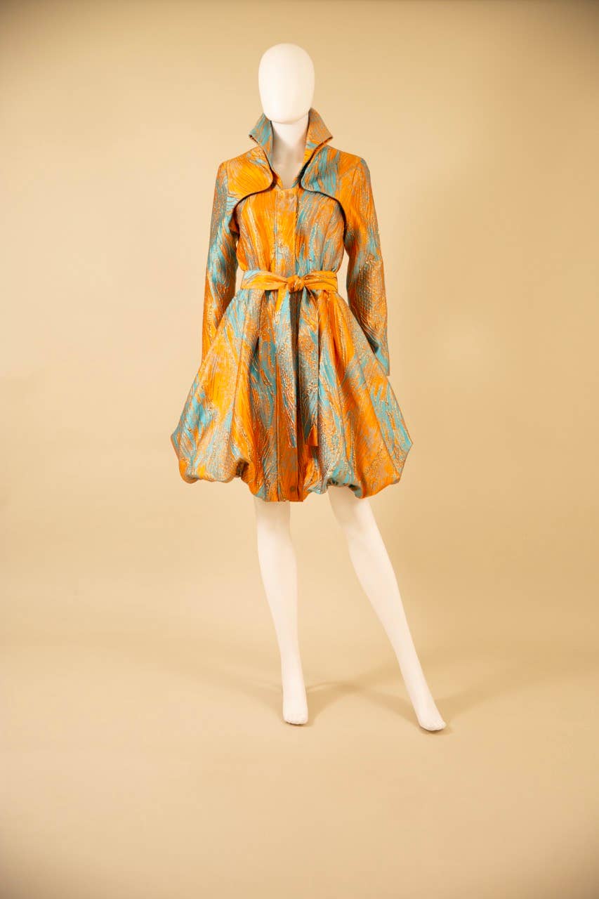 Yarn-Dyed Floral Brocade Bubble-Hem Dress-Coat - F22028