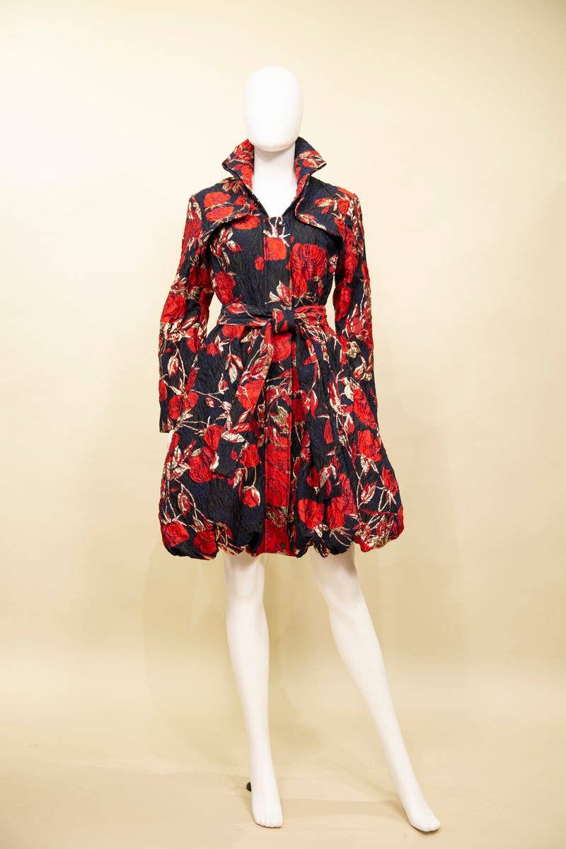 Yarn-Dyed Floral Brocade Bubble-Hem Dress-Coat - F22028