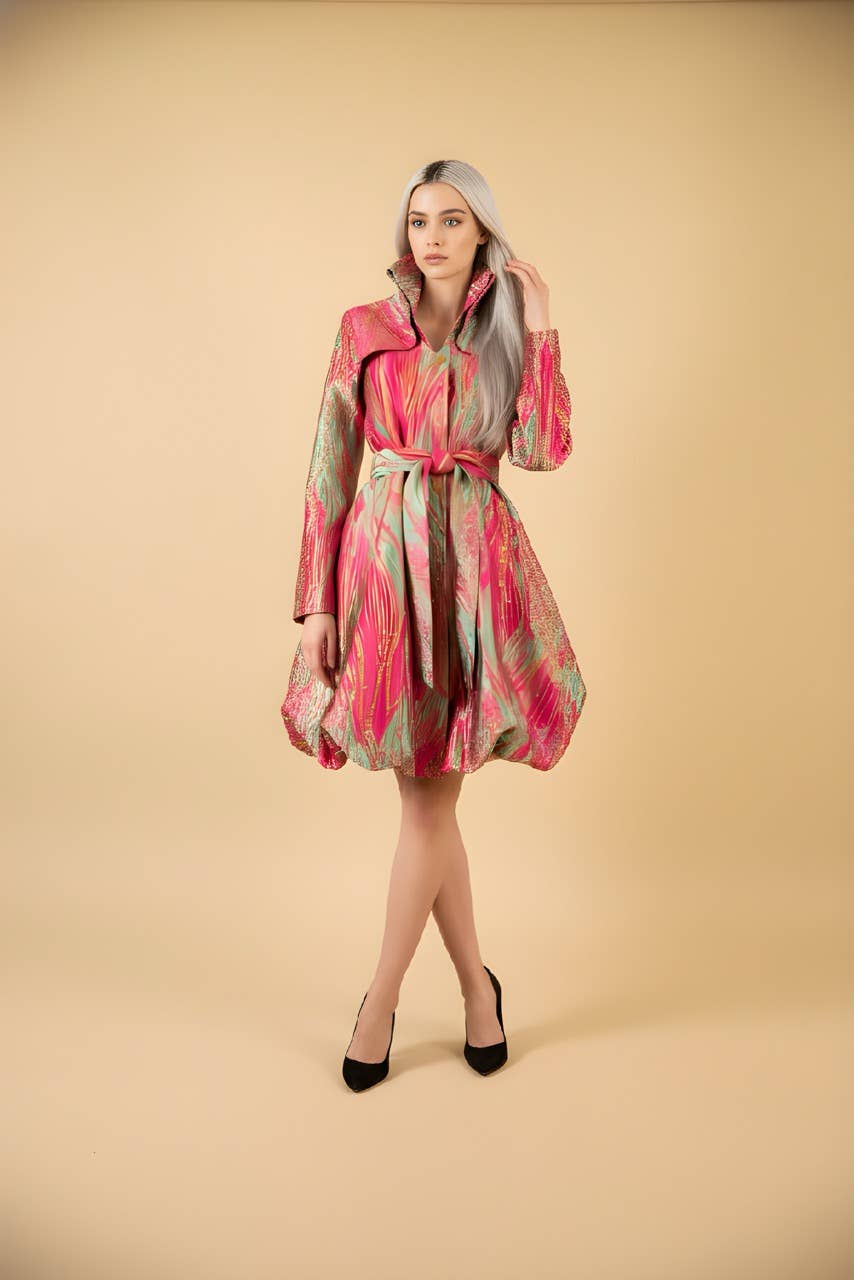 Yarn-Dyed Floral Brocade Bubble-Hem Dress-Coat - F22028