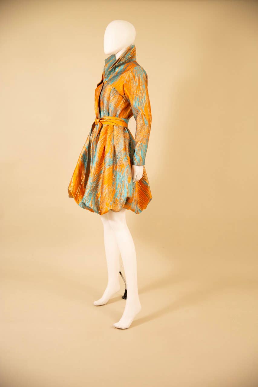 Yarn-Dyed Floral Brocade Bubble-Hem Dress-Coat - F22028