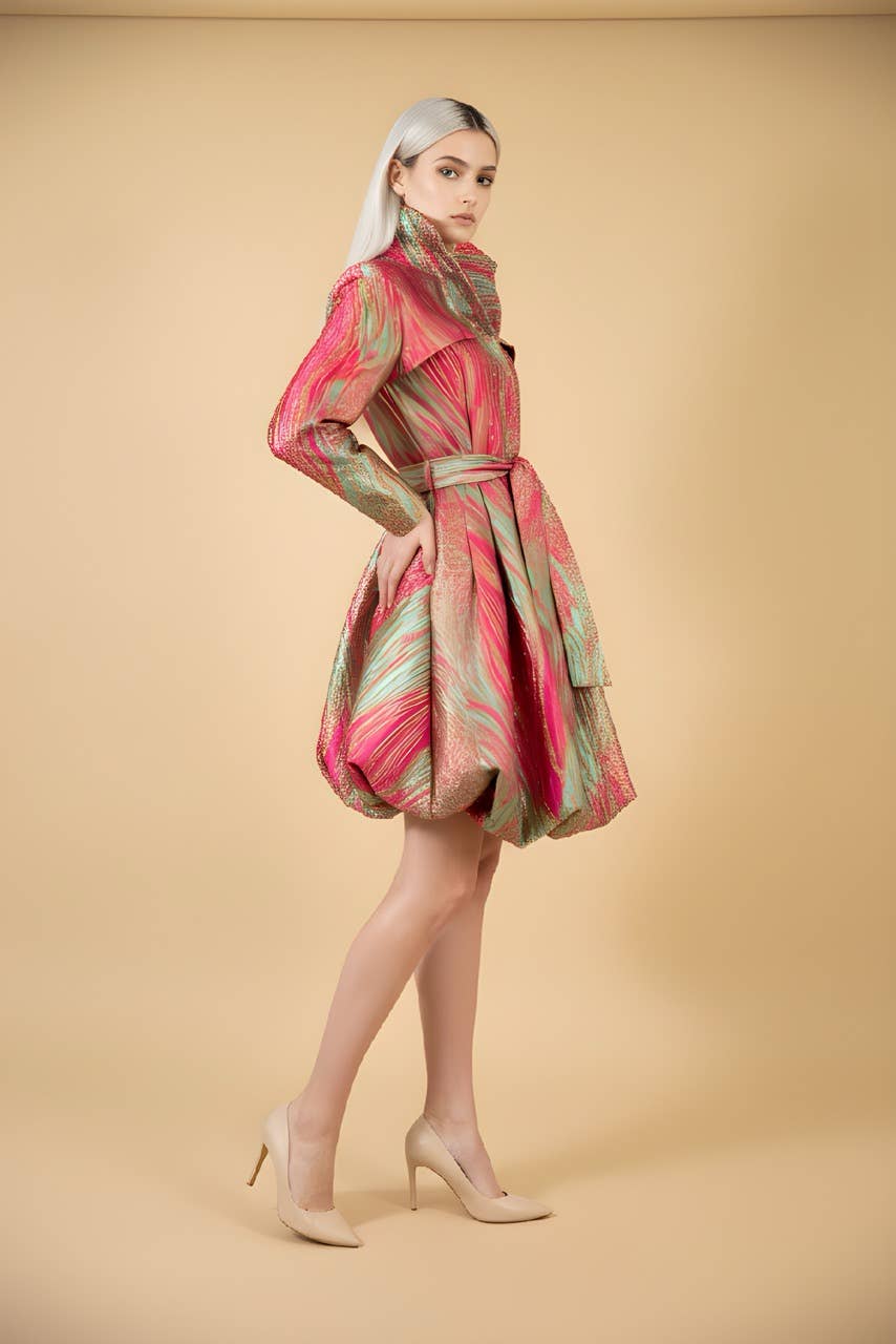 Yarn-Dyed Floral Brocade Bubble-Hem Dress-Coat - F22028