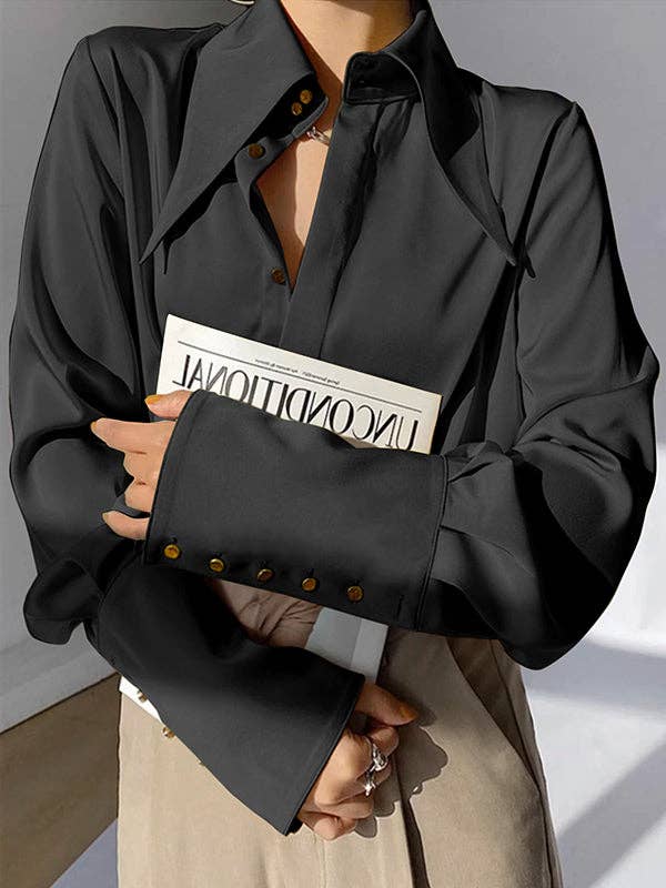 Loose Buttoned Lapel Blouse for Women
