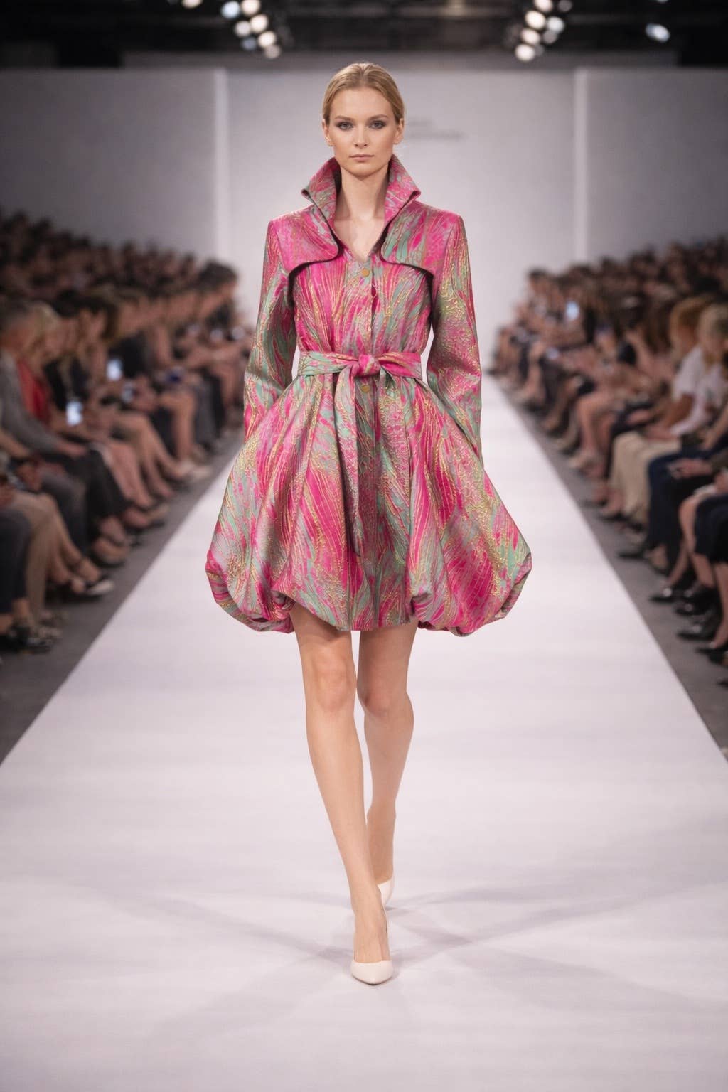 Yarn-Dyed Floral Brocade Bubble-Hem Dress-Coat - F22028
