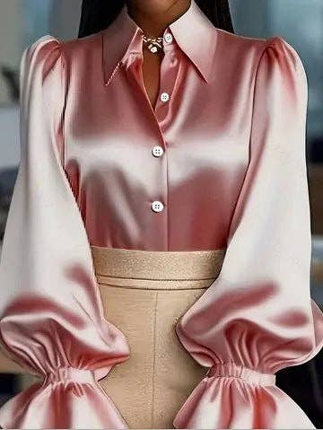 Women's Satin Long-Sleeve Puff-Sleeve Tailored Blouse