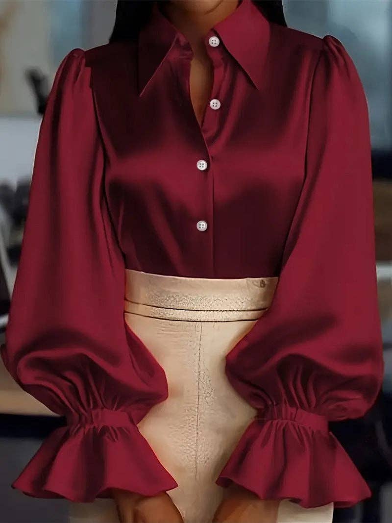 Women's Satin Long-Sleeve Puff-Sleeve Tailored Blouse