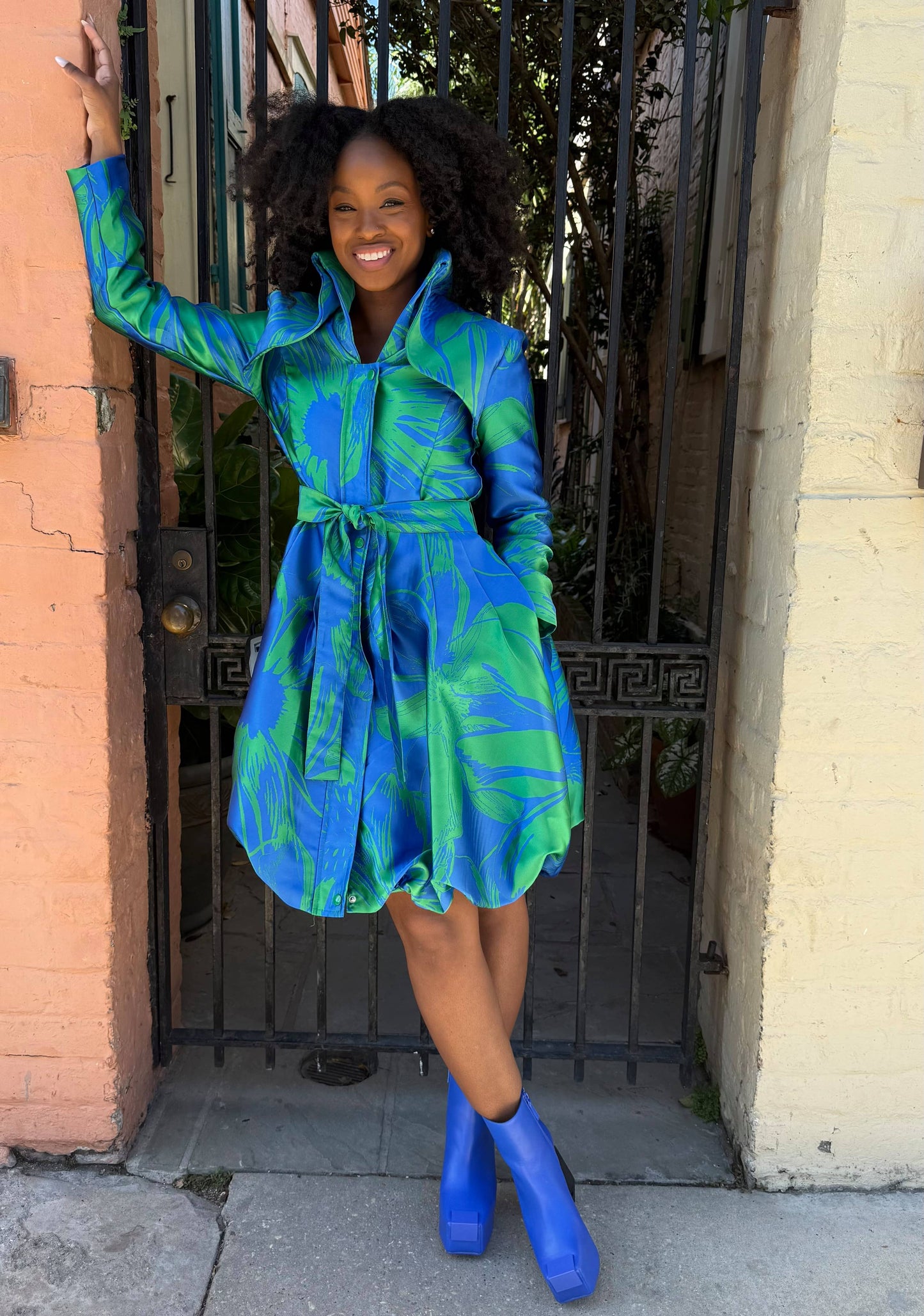 Yarn-Dyed Floral Brocade Bubble-Hem Dress-Coat - F22028