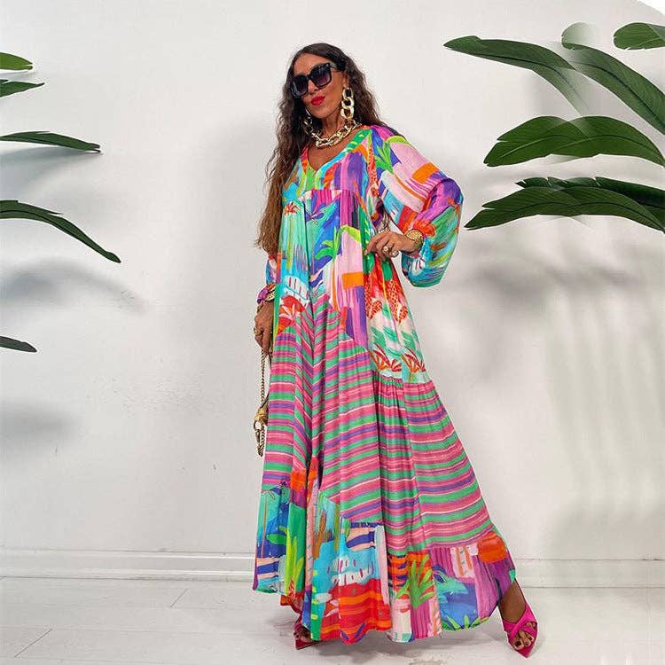 Bulk Trade Oversized V-Neck Printed Long-Sleeved Dress