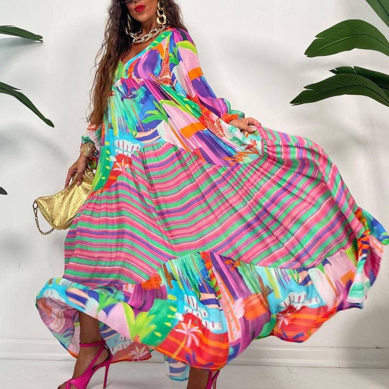 Bulk Trade Oversized V-Neck Printed Long-Sleeved Dress