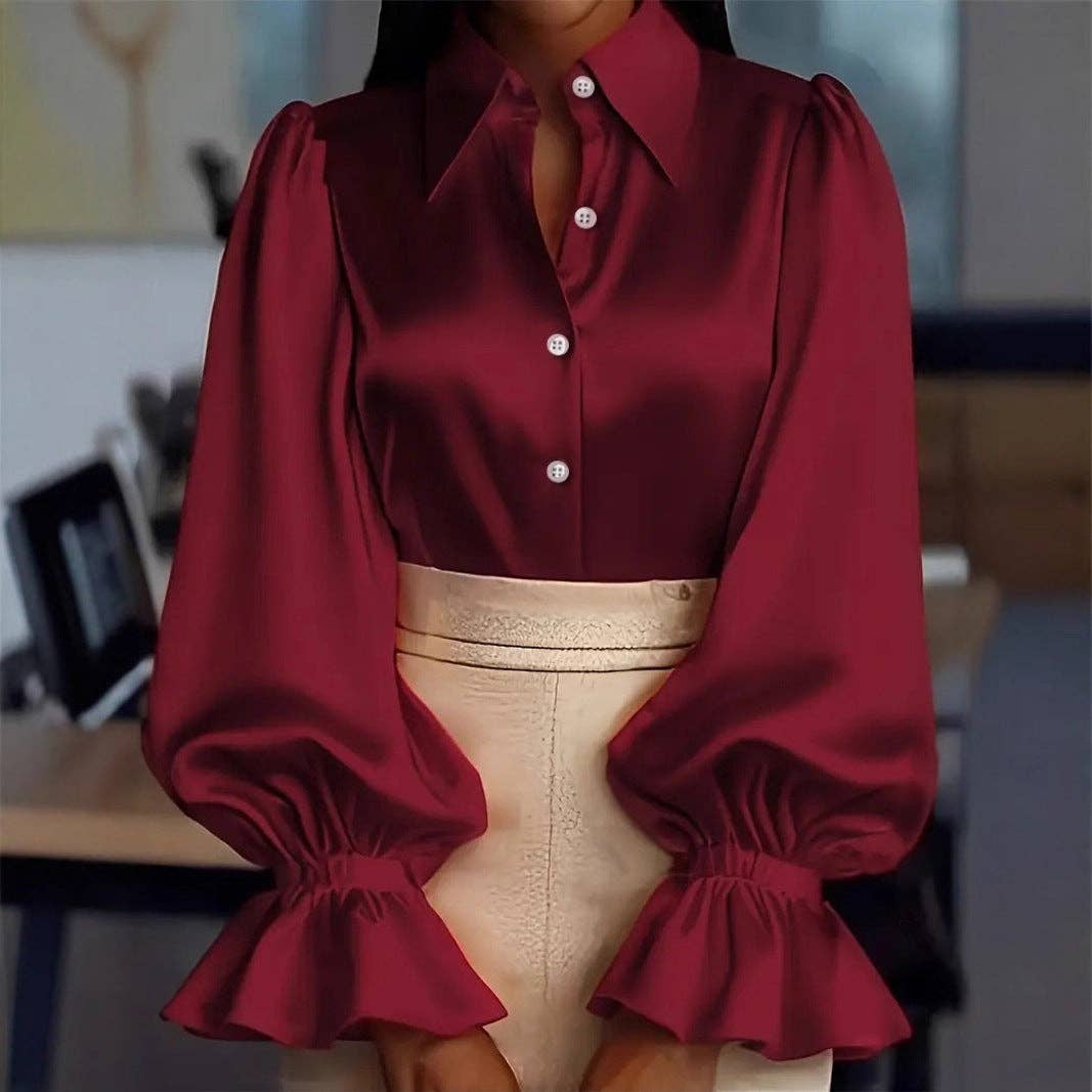Women's Satin Long-Sleeve Puff-Sleeve Tailored Blouse