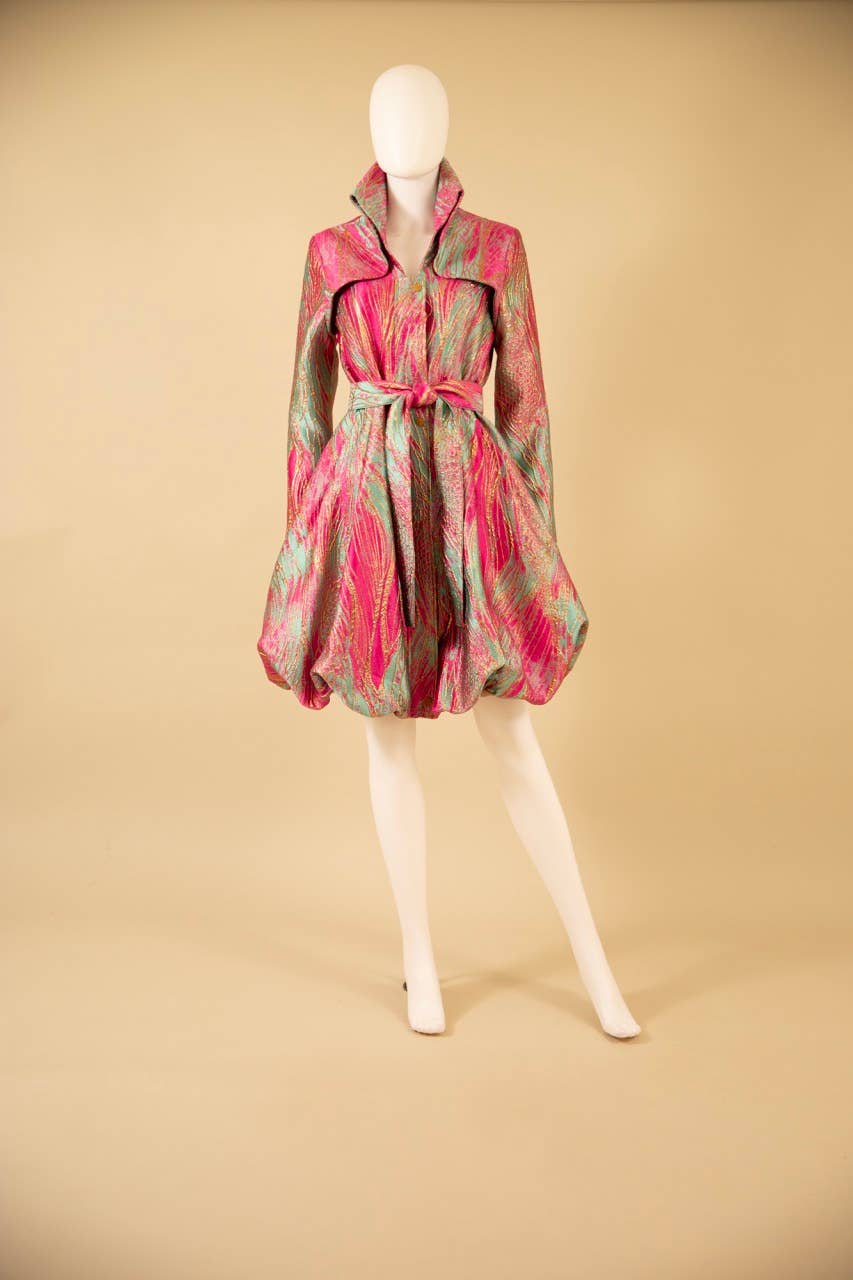 Yarn-Dyed Floral Brocade Bubble-Hem Dress-Coat - F22028
