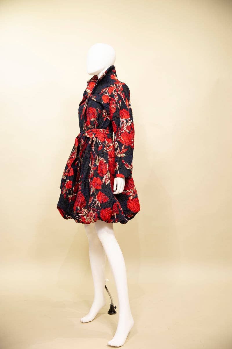 Yarn-Dyed Floral Brocade Bubble-Hem Dress-Coat - F22028