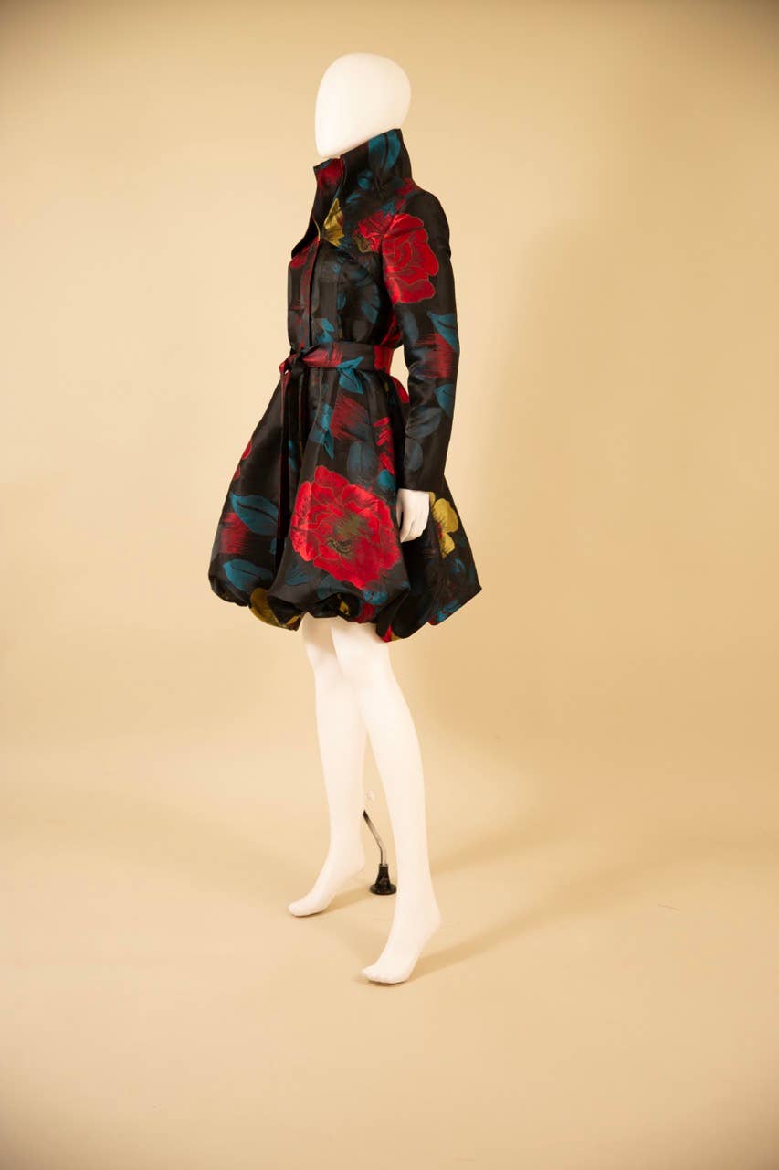 Yarn-Dyed Floral Brocade Bubble-Hem Dress-Coat - F22028