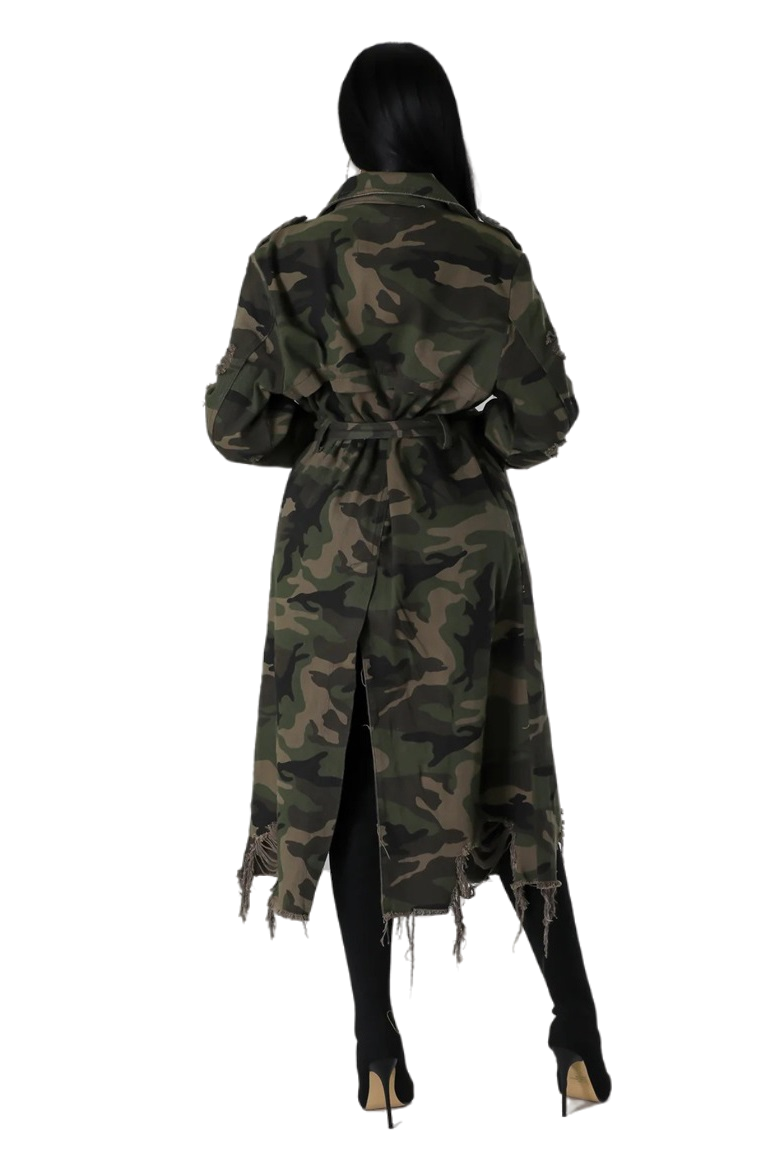 WOMEN FASHION CAMOFLAGE LONG TRENCH COAT