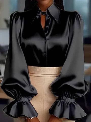 Women's Satin Long-Sleeve Puff-Sleeve Tailored Blouse