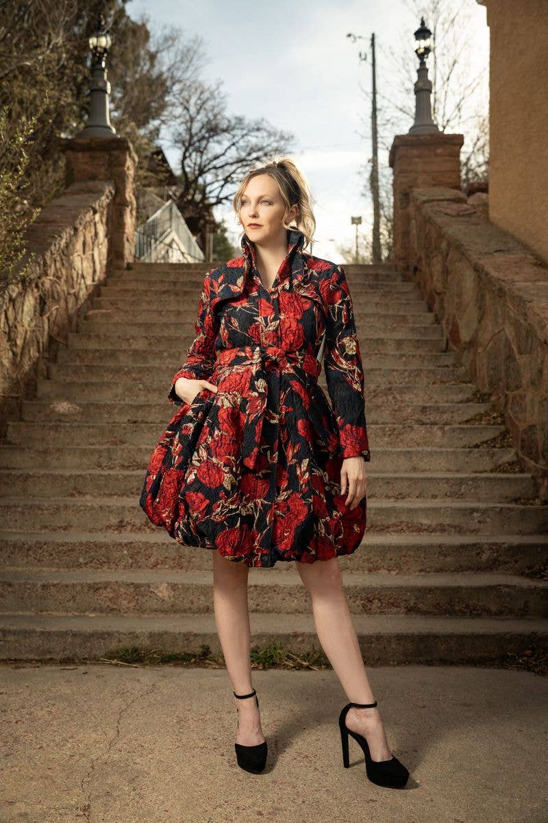 Yarn-Dyed Floral Brocade Bubble-Hem Dress-Coat - F22028