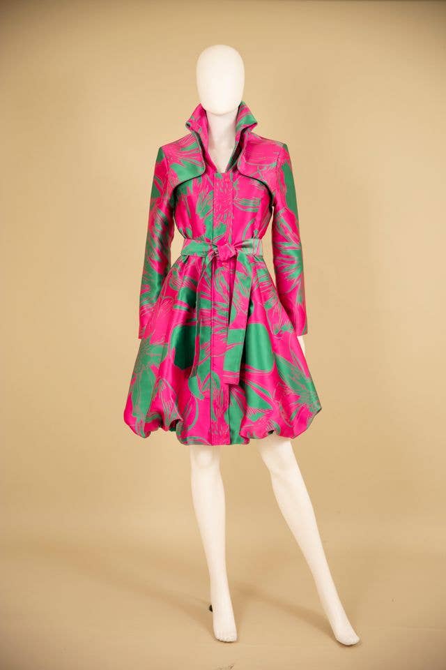 Yarn-Dyed Floral Brocade Bubble-Hem Dress-Coat - F22028