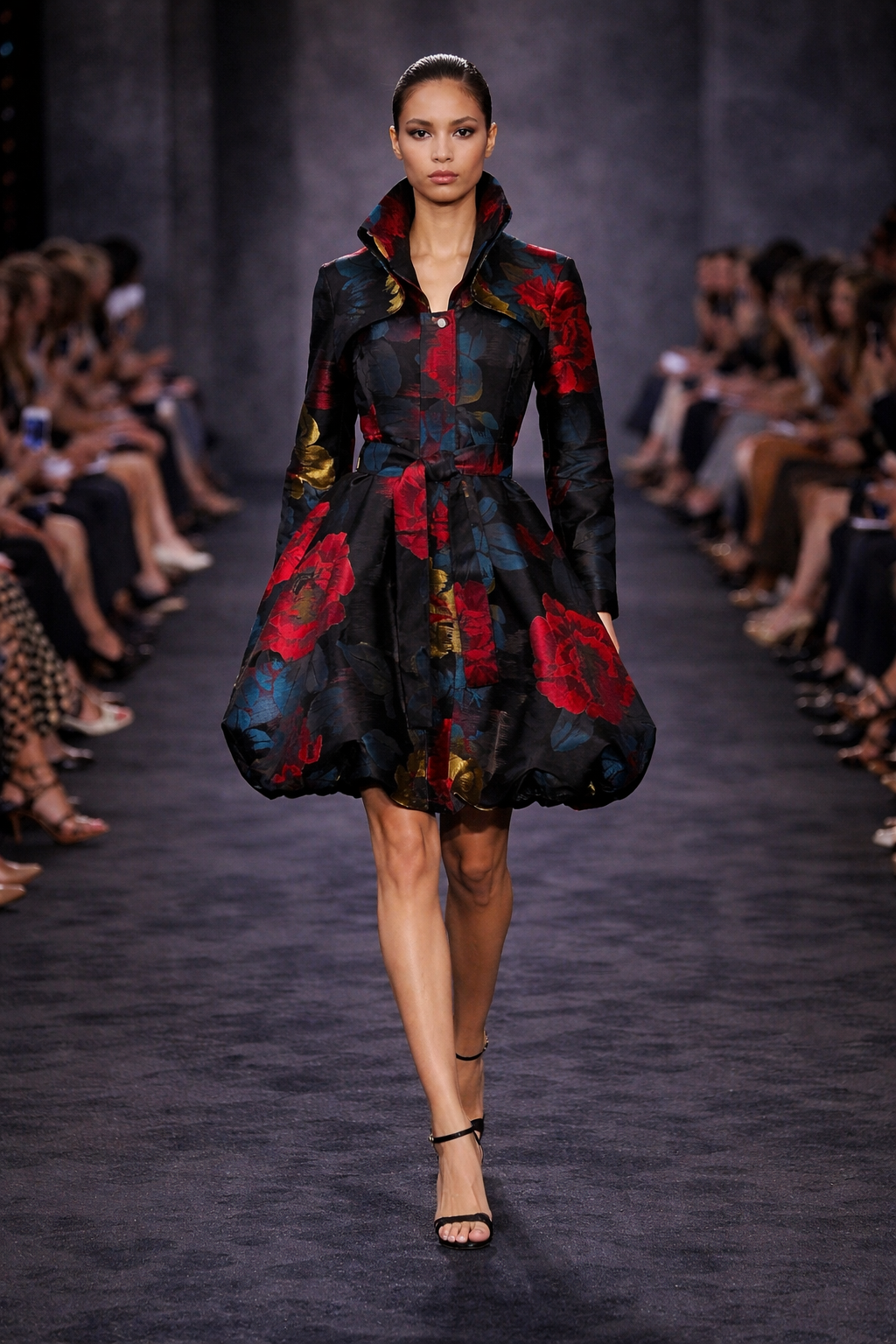 Yarn-Dyed Floral Brocade Bubble-Hem Dress-Coat - F22028