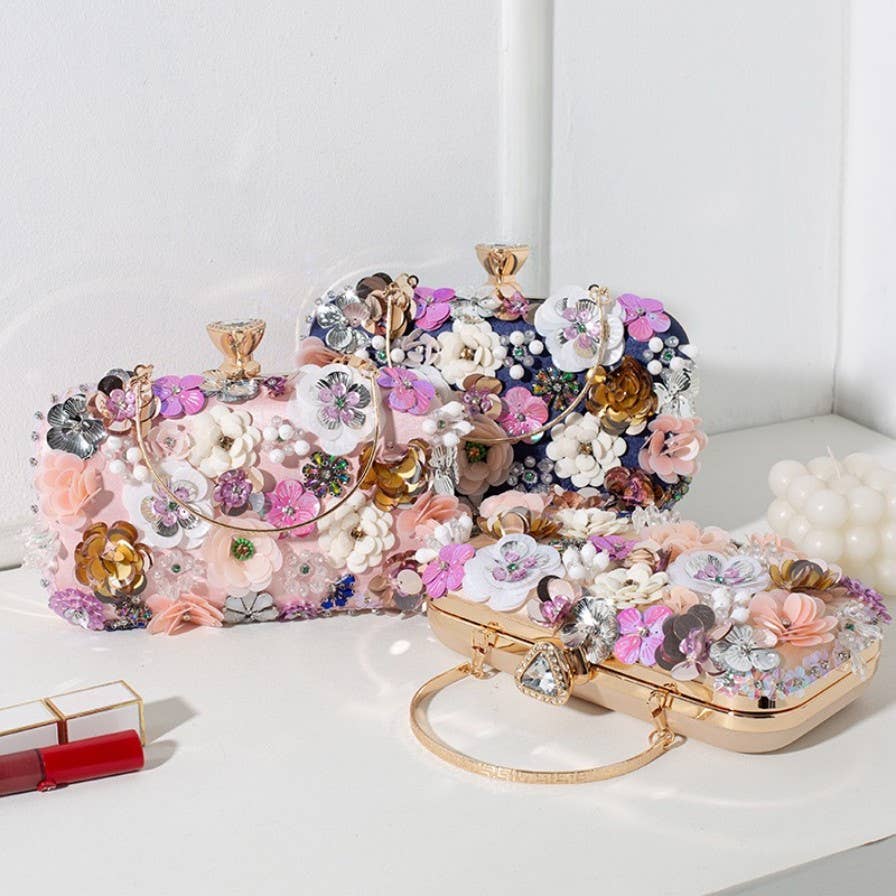 AS5 Hand Beaded 3D Floral Evening Clutch Mini Bag