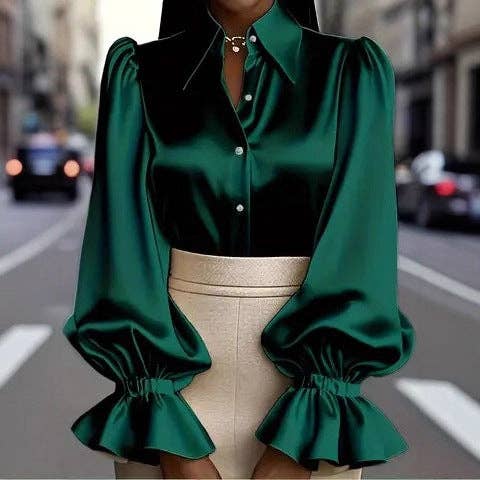 Women's Satin Long-Sleeve Puff-Sleeve Tailored Blouse